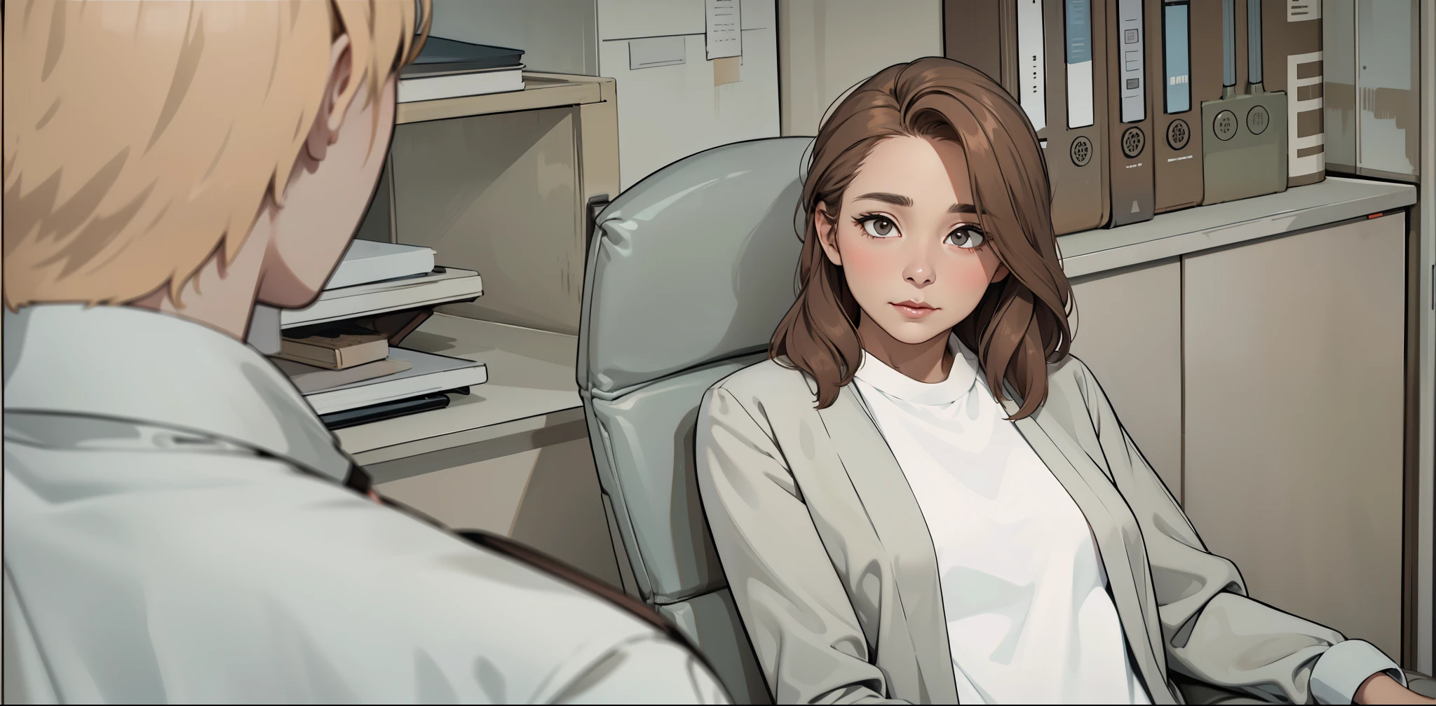 There is a 40-year-old woman with brown hair and a gray blouse who is talking to someone who is standing in front of her.