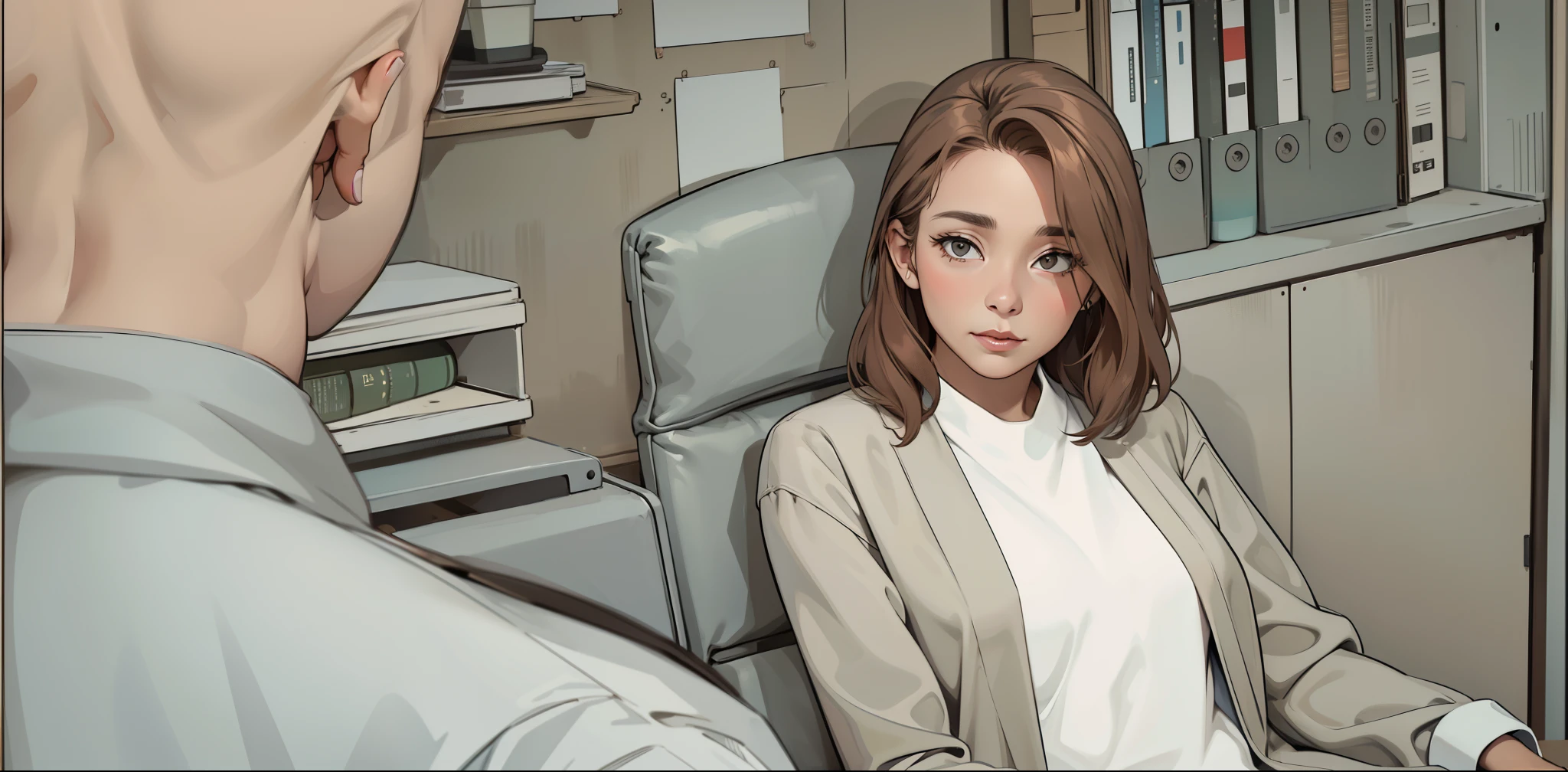There is a 40-year-old woman with brown hair and a gray blouse who is talking to someone who is standing in front of her.