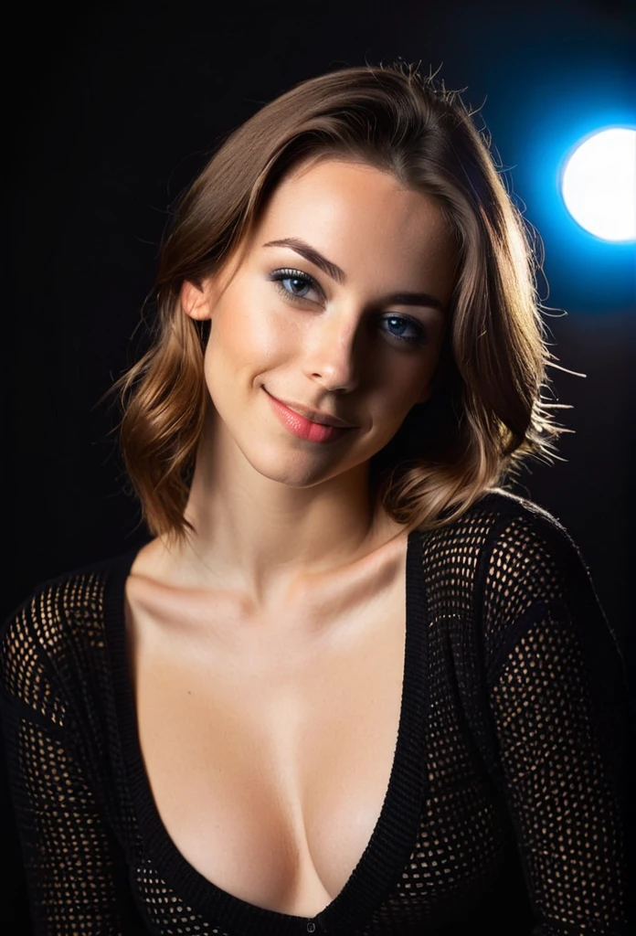 instagram photo, photo of 23 y.o model Stefanie Joosten in see-through black sweater, cleavage, pale skin, (smile:0.4), hard shadows, Brunette, blue eyes, high resolution image, skin textures,sexy hips, backlight, face softbox, Beauty dish ,diffused face light,softbox photograpy, detailed iris, detailed pupils, mid-shot view