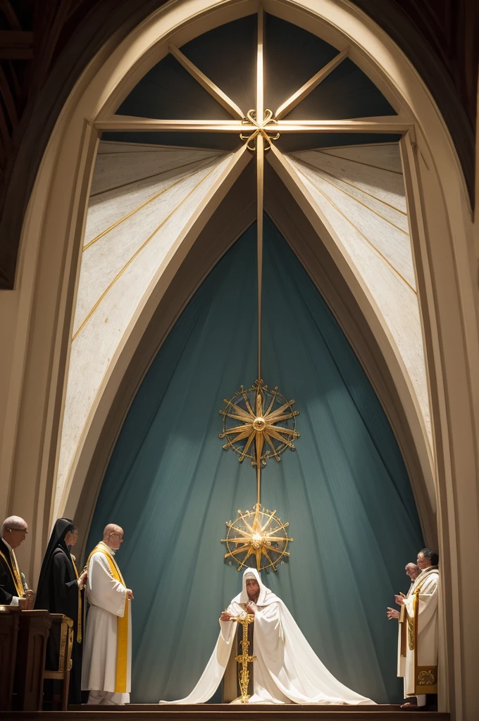 Create a picture of the Eucharistic Miracle of Tumaco. Show the priest holding the monstrance with the consecrated host towards the sea, while the community prays around. The giant waves must recede before the Eucharist, symbolizing divine intervention. Use dramatic colors and rays of heavenly light radiating from the host to highlight the divine presence and faith of the community.