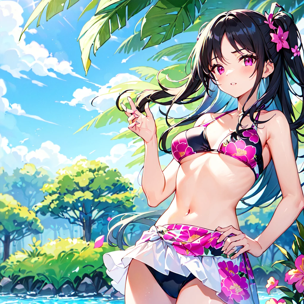 masterpiece, best quality, high quality, extremely detailed, very delicate and beautiful, (1 female 18 years old solo:1.3), (long black hair up to waist with two side up:1.4), bangs to eyebrows, eyes (eyes sharp, strong glossy glossy eyes, eyebrows glossy, (eye color magenta:1.3), 6.5 head height, ( swimsuit with summer flower print:1.3), (standing), (dynamic pose), (background summer river and forest:1.3), (blue sky), (upper body:1.3)