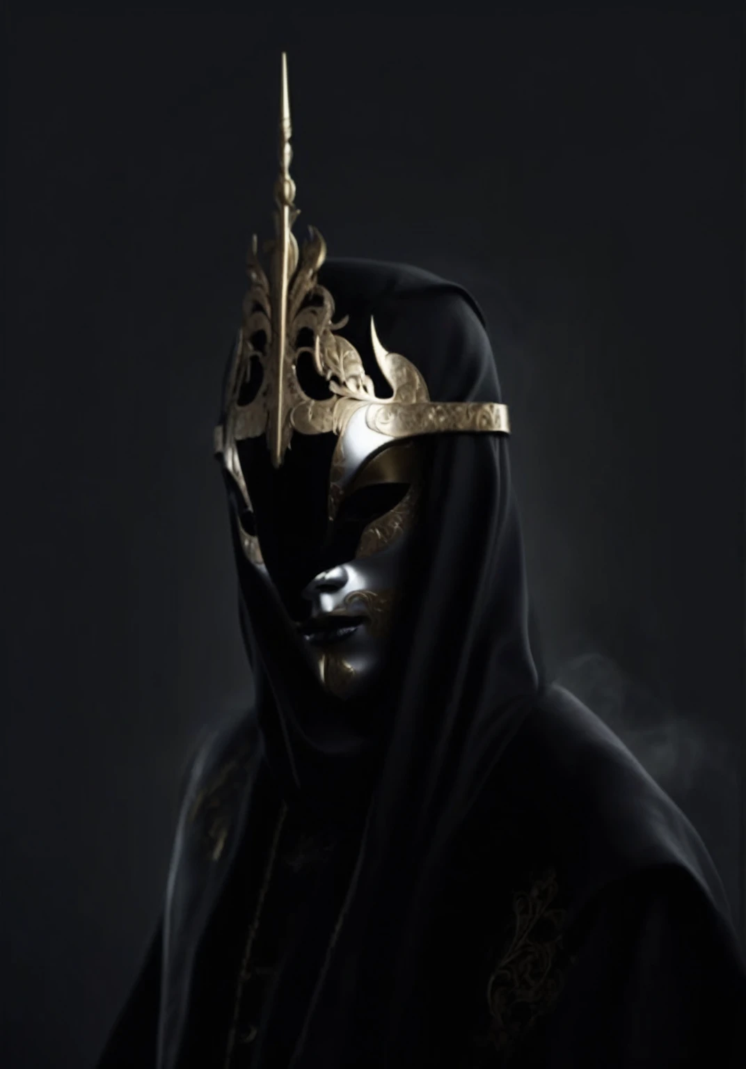 a golden masked figure, dramatic dark clouds, moody atmospheric lighting, intricate ornamental details, highly detailed, 8k, photorealistic, dark fantasy, cinematic, chiaroscuro lighting, dramatic shadows, golden accents, ominous atmosphere, striking contrast, muted color palette