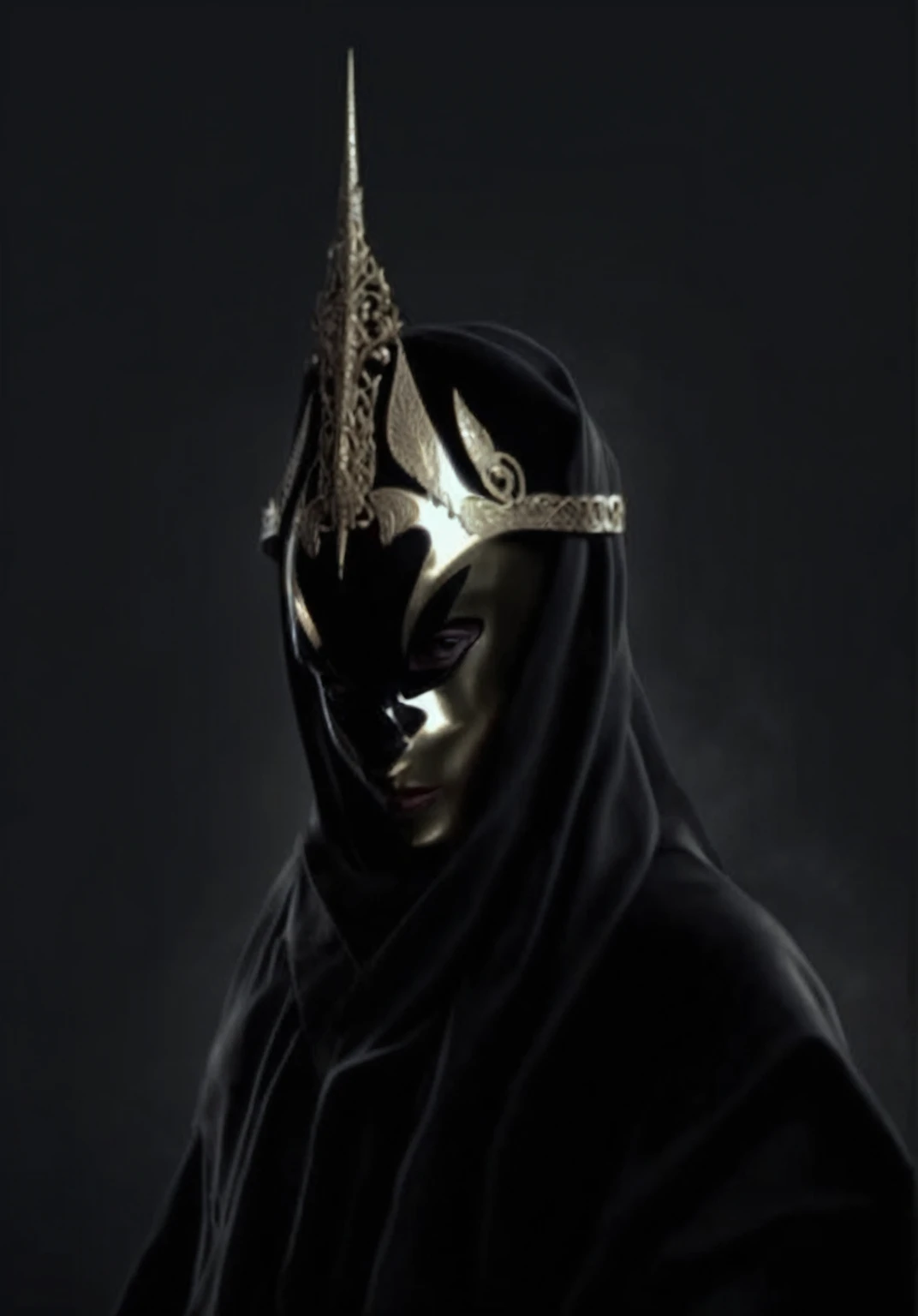 a golden masked figure, dramatic dark clouds, moody atmospheric lighting, intricate ornamental details, highly detailed, 8k, photorealistic, dark fantasy, cinematic, chiaroscuro lighting, dramatic shadows, golden accents, ominous atmosphere, striking contrast, muted color palette
