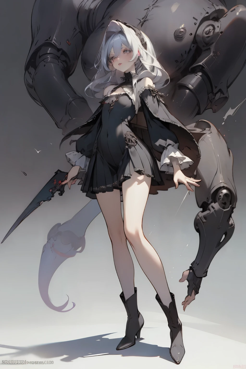  ((best quality)), ((masterpiece)), (detailed), very skinny, prominent collarbones, skinny arms, flat stomach, visible hip bones, red and white clothing, Bloodborne inspired, occult aesthetic, occult, detailed and intricate steampunk and detailed gothic, NSFW, Very dramatic and cinematic lighting, cosmic horror, grim-dark, side-lighting, perfect face, NSFW, Fluttering lace flared long knee length dress with frilly petticoats, knee length dress, pleated petticoats, lolita dress, petticoats gothic lolita, complex lace boots, side-lighting, gothic lolita aesthetic, wielding a mighty sword with mechanical components, carbine, NSFW, beautiful small breasts, small breasts, full body, whole body, body, NSFW, full body, whole body, head-to-toe NSFW 