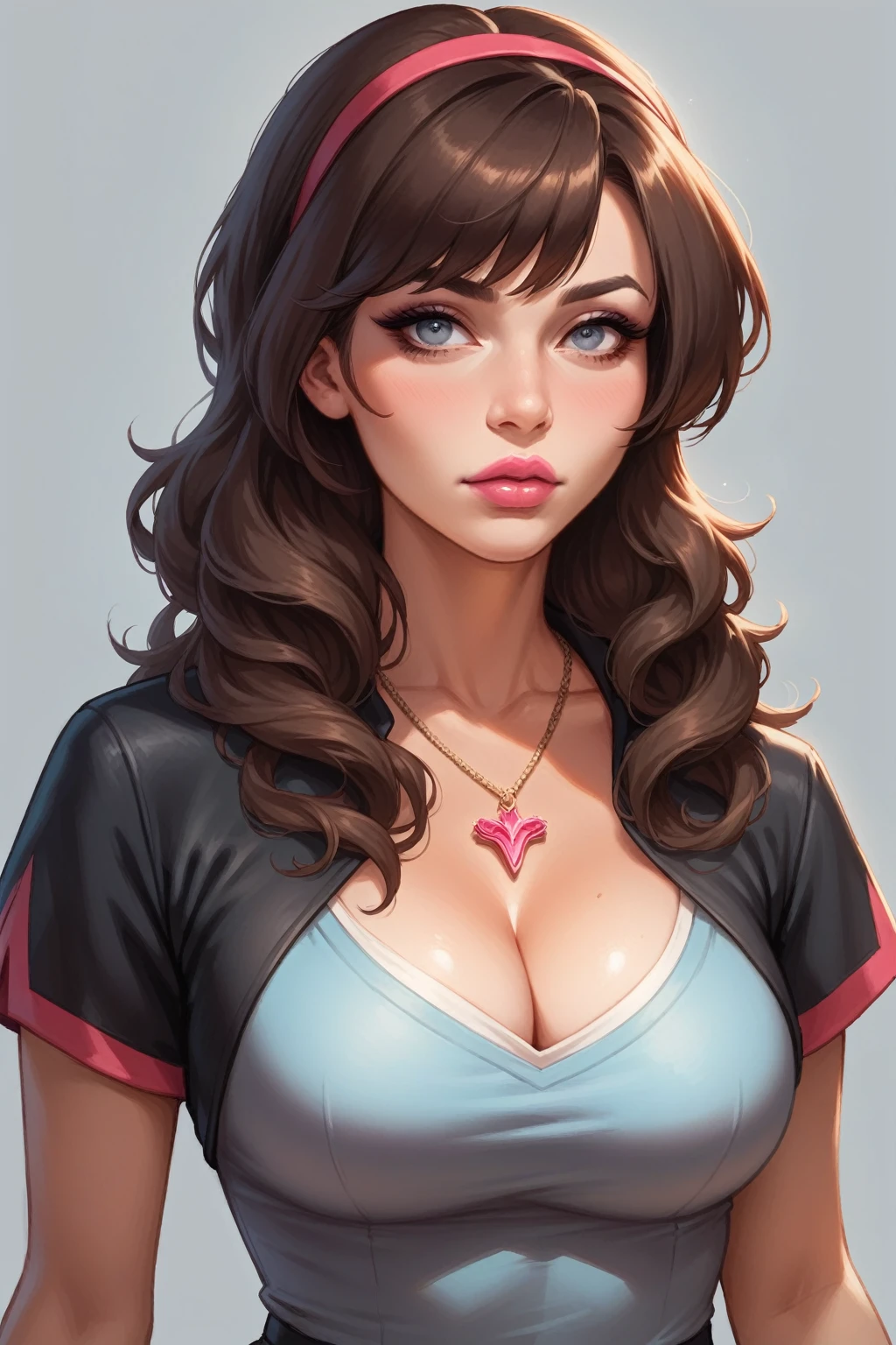 Brown Haired girl, red headphone in hair, blue-grey eyes, intense look, black eyeliner, brown necklace, cleavage, big breast, pink lips, sweet girl. Grey background. Masterpiece, detailed, UHD