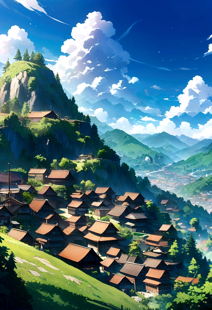 Village on the mountainside, greenery, clear sky, beautiful clouds, 4k resolution, anime