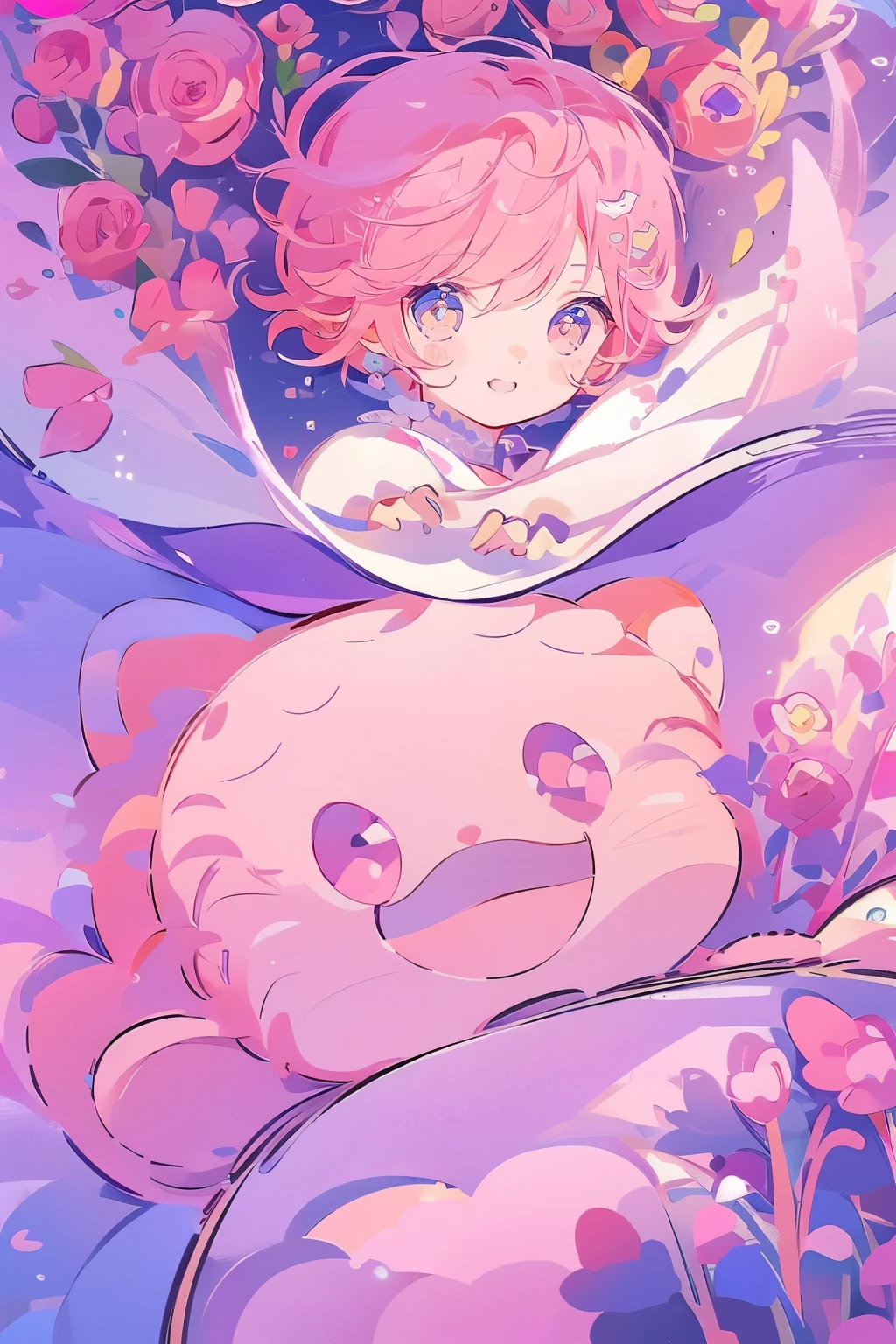 (Mastepiece), (Best Quality), Very detailed, 1 boy, Solo Shooting, Perfect Face, Beautiful Face, Very detailedな顔,(Pink Hair:1.3),(short hair:1.4)、(Big eyes:1.4),(Long eyelashes:1.4)、(Pink Eyes:1.3)、Lots of flowers、petal、(smile:1.3)