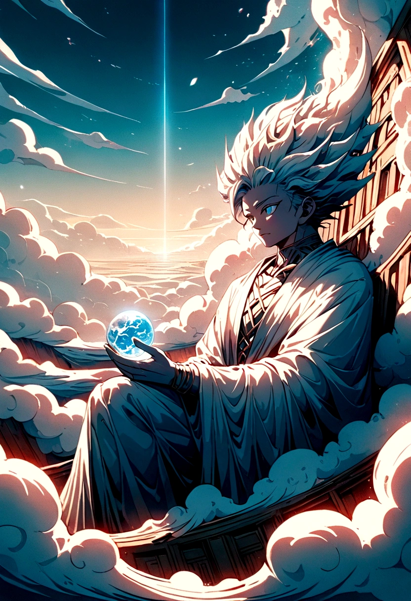 A god sat upon a throne of clouds , viewed from the front 