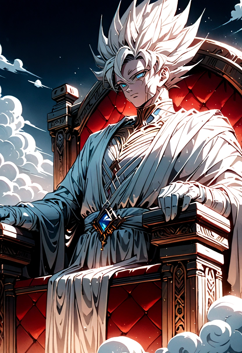 A god sat upon a throne of clouds , viewed from the front 