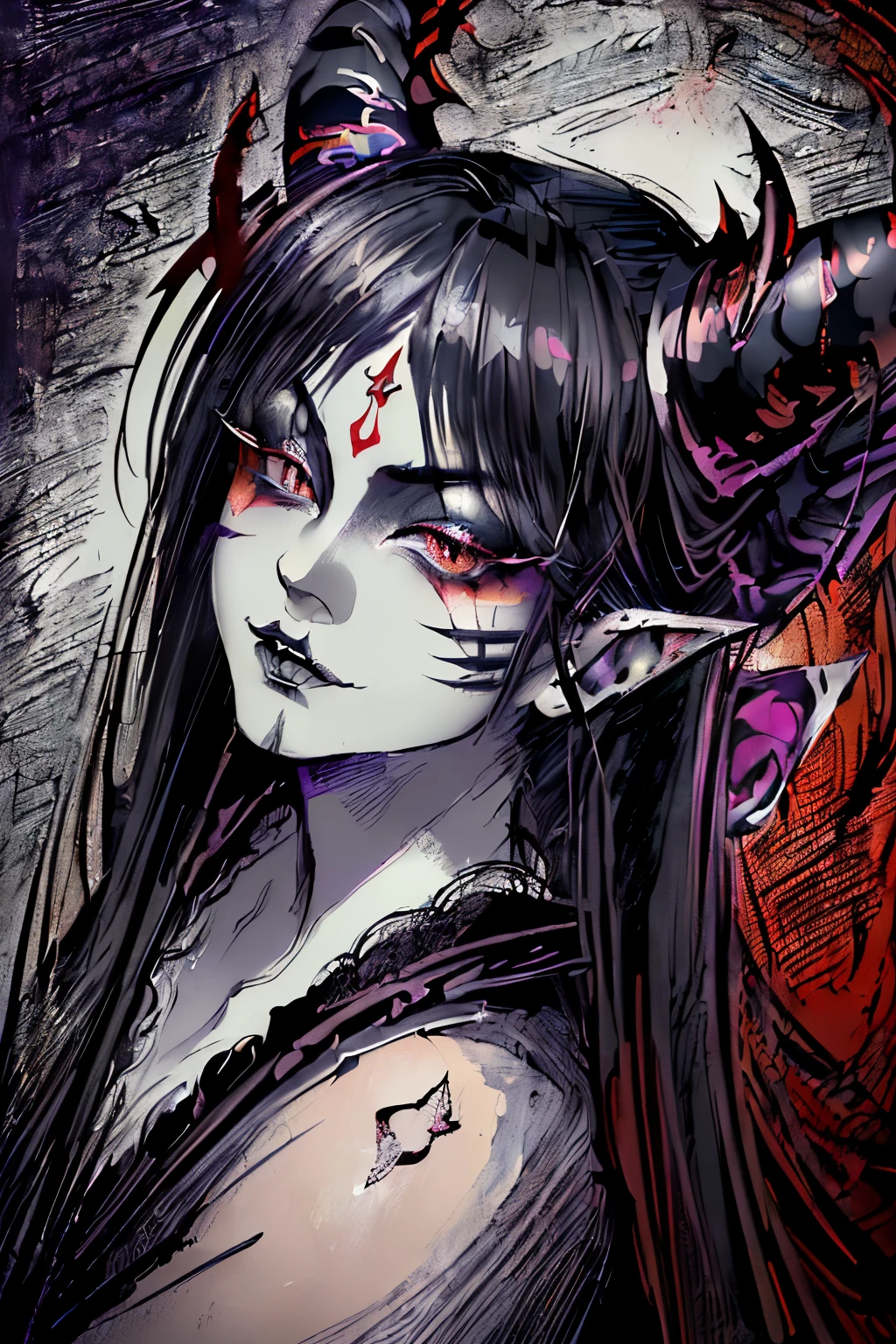 (Masterpiece, High Quality), ( Detailed Shading, Vibrant Colors, Hyper Realistic:1.5), (Evocative Expression, Sinister Aura:1.5), (Kabuki-inspired Makeup, Fallen Angel Motif:1.5), (Devilish Horns, Rich Textures, Bold Lines:1.5), (Dark Background, Haunting Atmosphere:1.5), (Hime's Elegance, Contrasted with Darkness:1.5), (Anime Artistry, Dark Fantasy Theme:1.5), (Thrilling and Seductive, Unearthly Allure:1.