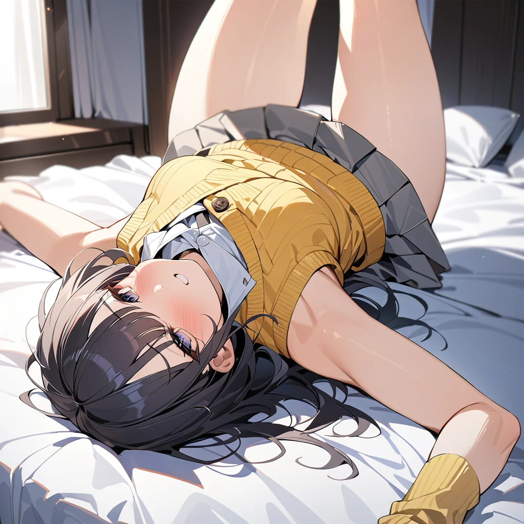 (Highest quality), (masterpiece), highly detailed, She was lying on her back on the bed with her legs spread apart. She was wearing a yellow knit vest and white high socks over her white shirt and a grey mini pleated skirt. I pushed Ichika's panties aside and inserted my short penis all the way into her and violently inseminated her., Climaxing and convulsing, body, whole body, Eyes that are evenly shaped, A cool look, Sleeping soundly with your eyes closed, Short Hair, Small Breasts, She has a full head of pubic hair, Beautiful Vagina, get creampied, A simple background with just a sheet, First-person view,