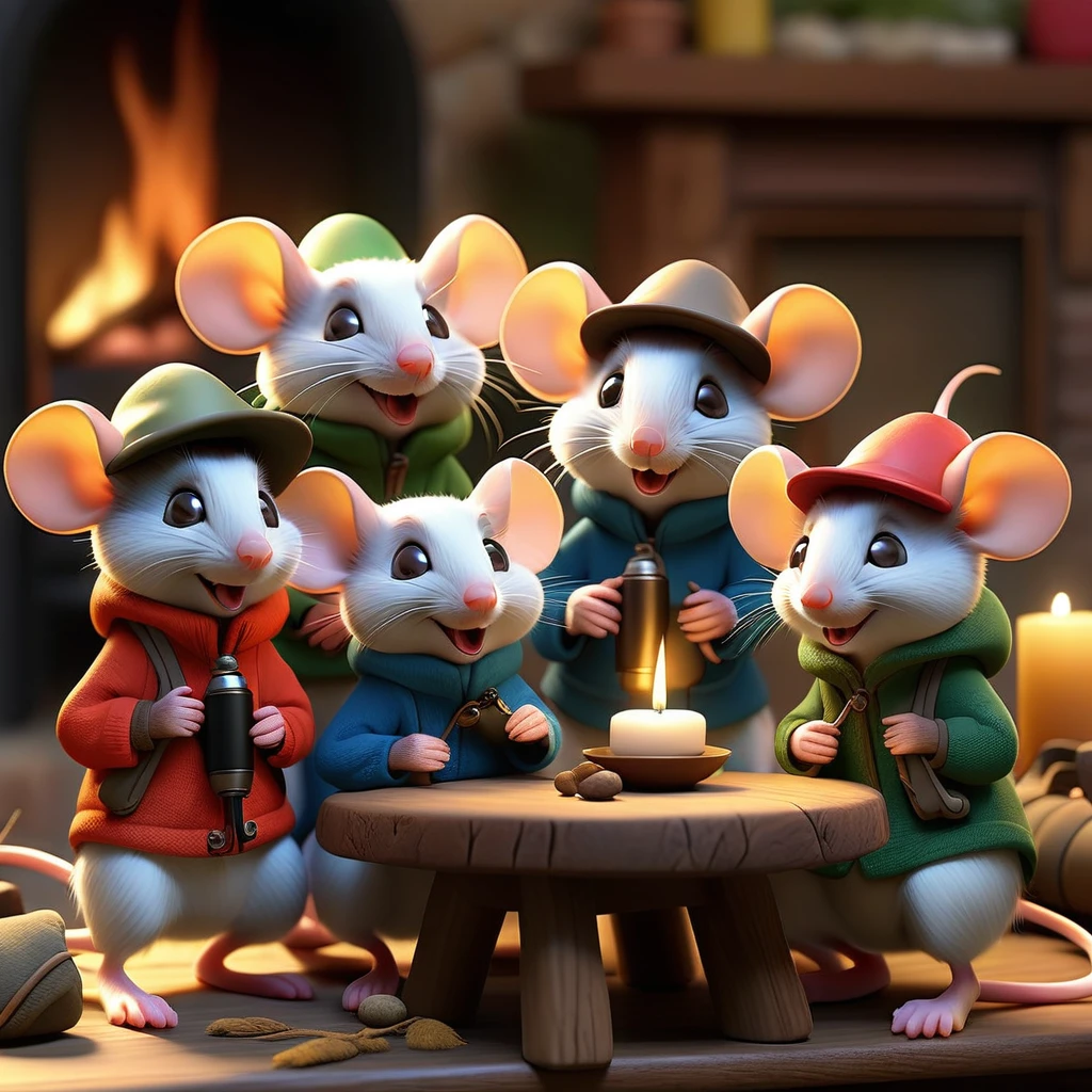 a group of mice wearing hiking gear sitting around a table indoors, fireplace, detailed mice faces and expressions, cute and whimsical, warm lighting, highly detailed, 8k, photorealistic, studio lighting, vibrant colors, intricate details
