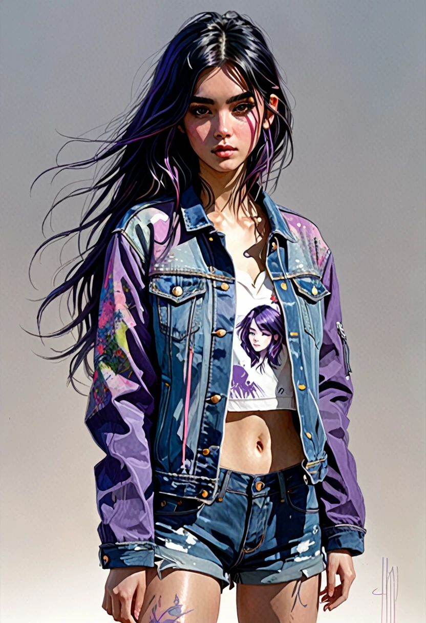 (masterpiece, 16k, ultra high res), 1 girl, french girl (full body view, showing entire head and feet, proportional body), 20 years old, long hair, purple mix black hair, wearing a denim jacket (detailed jacket), detailed face with proportional eyes and blush, full body sketch style, art by Carne Griffiths and Wadim Kashin, concept art, cinematic, epic, trending on artstation, full body from head to toe in frame