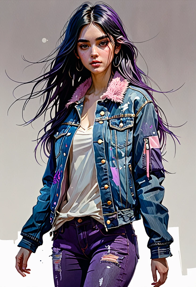 (masterpiece, 16k, ultra high res), 1 girl, french girl (full body view, showing entire head and feet, proportional body), 20 years old, long hair, purple mix black hair, wearing a denim jacket (detailed jacket), detailed face with proportional eyes and blush, full body sketch style, art by Carne Griffiths and Wadim Kashin, concept art, cinematic, epic, trending on artstation, full body from head to toe in frame