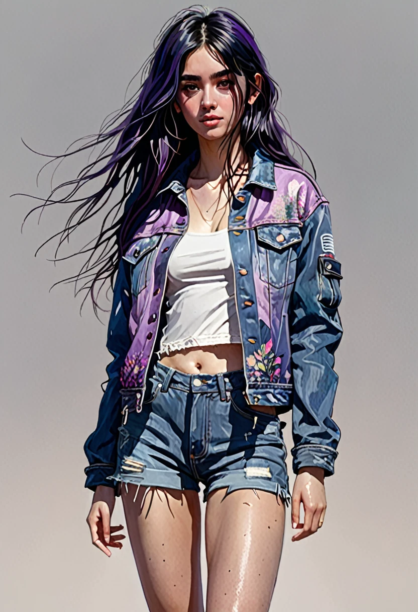 (masterpiece, 16k, ultra high res), 1 girl, french girl (full body view, showing entire head and feet, proportional body), 20 years old, long hair, purple mix black hair, wearing a denim jacket (detailed jacket), detailed face with proportional eyes and blush, full body sketch style, art by Carne Griffiths and Wadim Kashin, concept art, cinematic, epic, trending on artstation, full body from head to toe in frame
