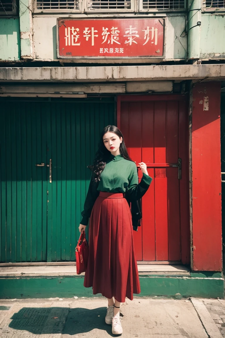 Long black curly hair, red lips, wearing a vintage red velvet skirt, blurred background, vintage Hong Kong cross street, street sign, green roller shutter door, white tile, 2046, Wong Kar Wai Cinematic Style, fashion photography, film filter