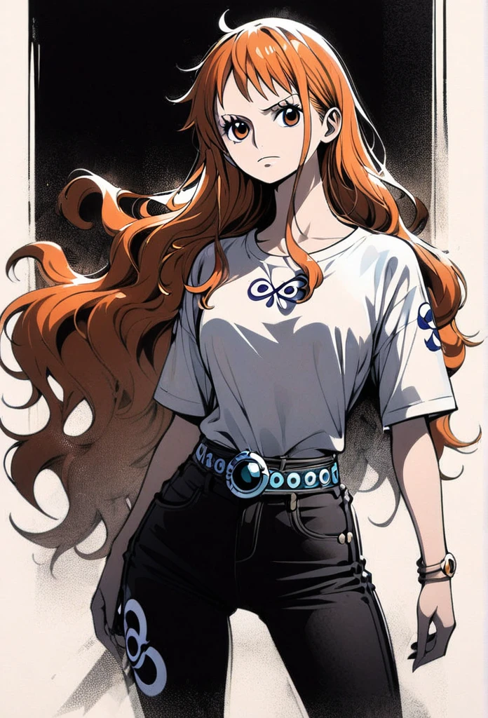 masterpiece, best quality), intricate details, 1 girl, woman, orange hair, nami \ (one piece\), (long hair) ((side bangs)) shirt, ((white shirt, black pant, black court)) female focus, nature, scenery, upper body, ((front view)) ((close up shot)) ((solo)) (Straight hair with a dramatic side part, styled into a low ponytail with a decorative silk ribbon, colored in a striking contrast)) detailed, very high resolution, no blurry image, full body, orange eyes, sligh wavy hair, ((nami from one piece)) ((female nami from one piece)) ((front view))