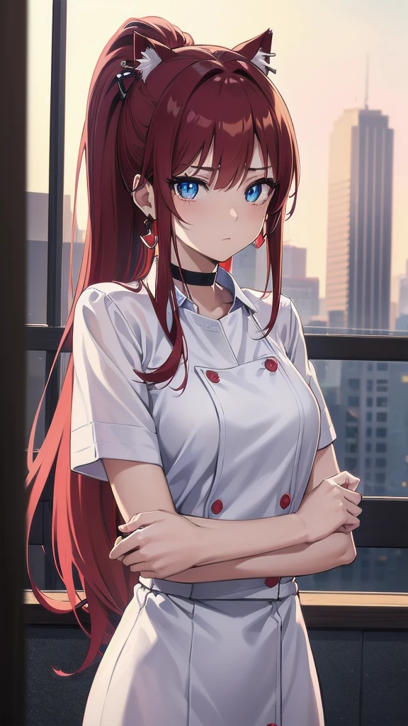 Masterpiece, top quality, best quality, official art, beautiful and aesthetic, anime, 1girl,extremely detailed, colorful, more detailed ((ultra-detailed)), (highly detailed CG illustration),Best Quality, High resolution, Unity 8k Wallpaper, (Illustration:0.8), (Beautiful detailed eyes:1.6), extra detailed face, Perfect Lighting, extremely details CG, (Perfect hands, Perfect Anatomy),hospital,nurse,doctor,red long hair, cat ears,ponytail,blue eyes, barrette,black choker,earrings,skinny fit,medium breast,white nurse uniform,white pantyhose,in center, looking in camera, upper body shot.