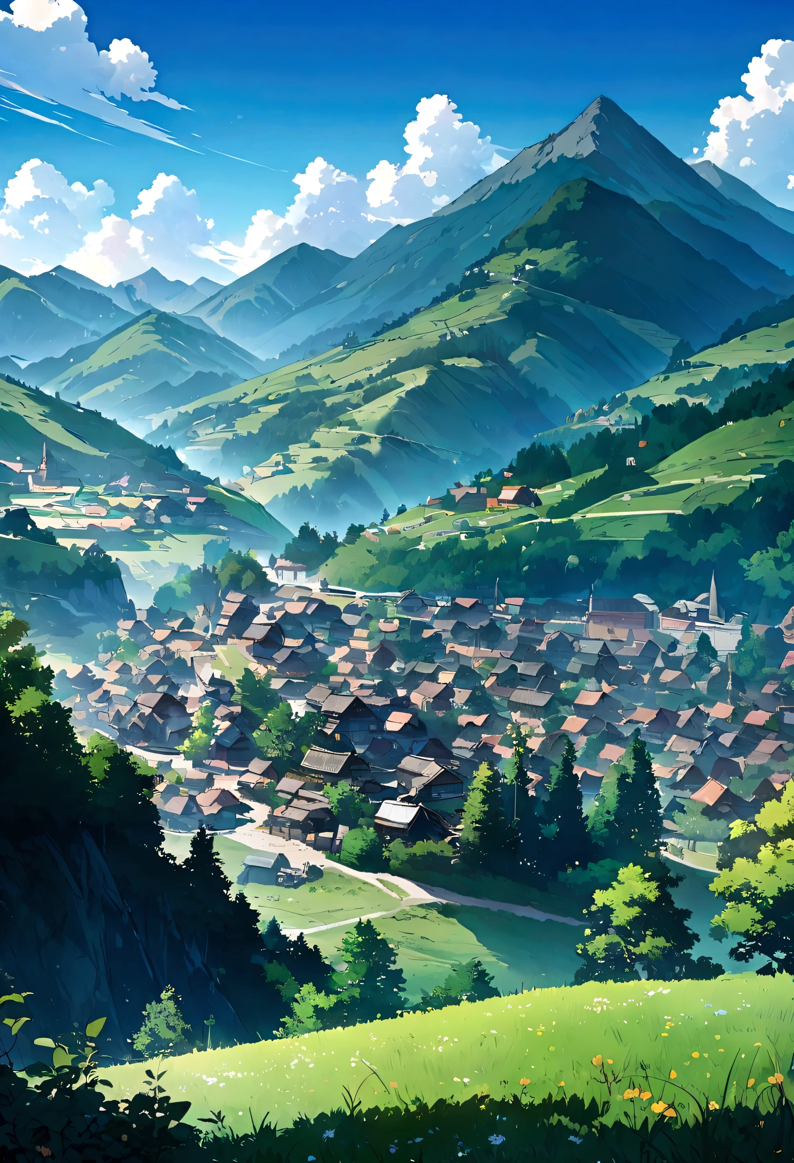 Village on the mountainside, greenery, clear sky, beautiful clouds, 4k resolution, anime