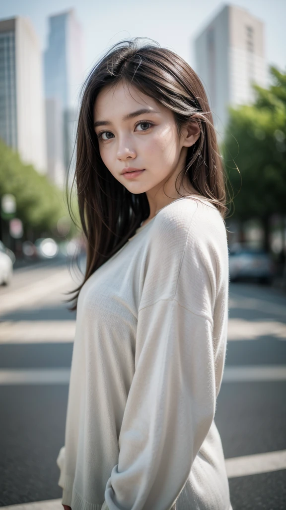 Portrait of a contemporary stoic: A person with a firm and serene expression, casually dressed, with a slightly out of focus urban background. Use of natural light and focus on the face with a blurred background for a cinematic effect.