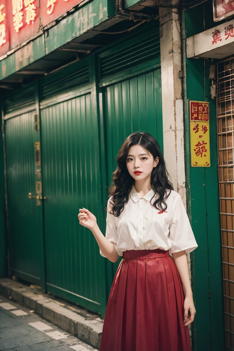Long black curly hair, red lips, wearing a vintage red velvet skirt, blurred background, vintage Hong Kong cross street, street sign, green roller shutter door, white tile, 2046, Wong Kar Wai Cinematic Style, fashion photography, film filter