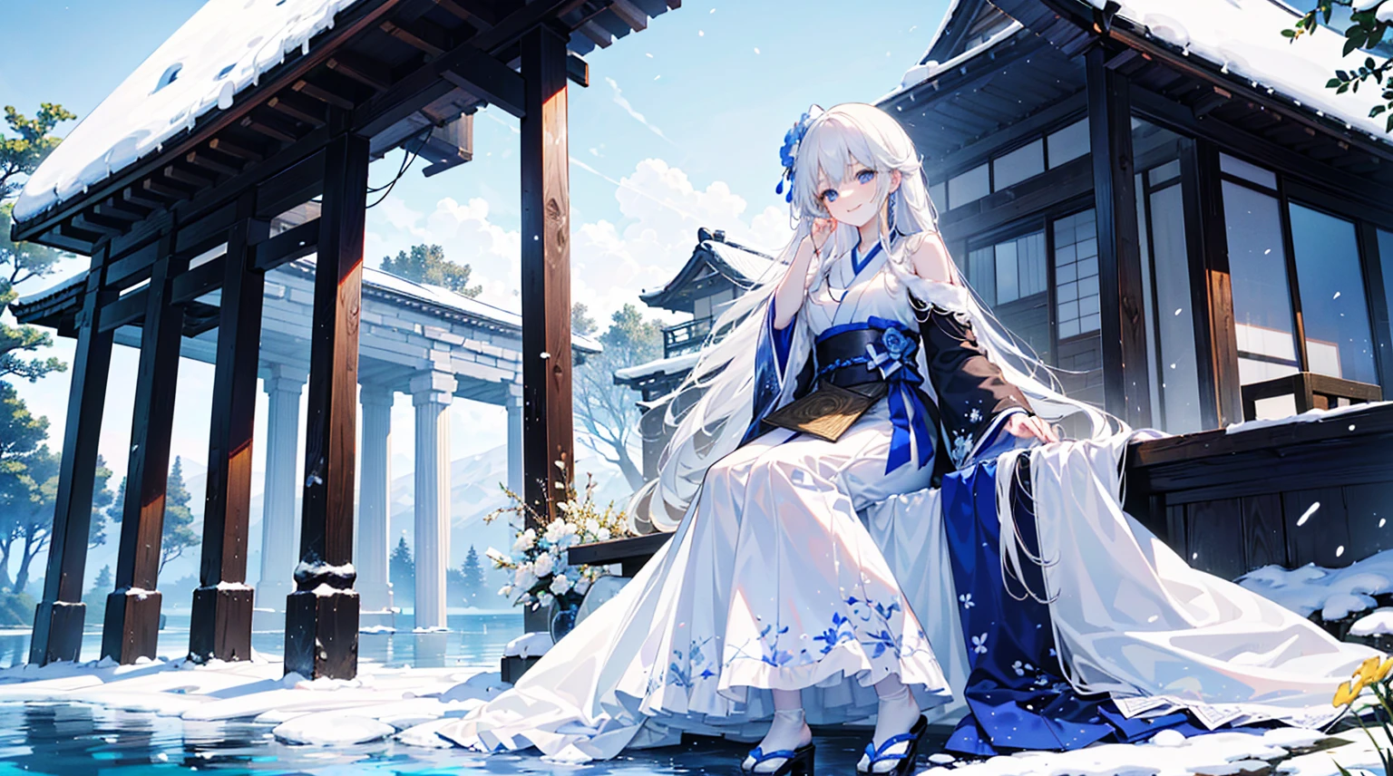 ((best quality，masterpiece，Extremely complex and exquisite details，There is only one beautiful girl with long white straight hair and blue eyes，Smile，long skirt))，(Exquisite light blue and white Japanese clothing，Beautiful bright and exquisite snow white ancient style high transparent architectural background)，(correct anatomy，exquisite face)，(touch flowers，Snow，Falling Flowers，Majestic and elegant outdoors)，((Long-distance full body picture of a single person，Sitting by the lake))
