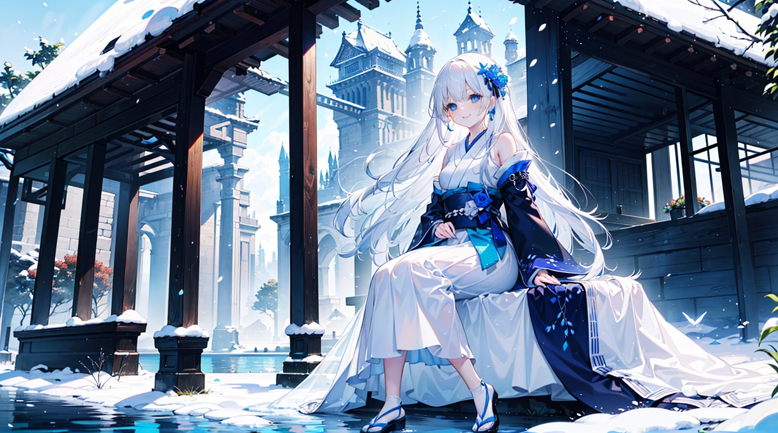 ((best quality,masterpiece,Extremely complex and exquisite details,There is only one beautiful girl with long white straight hair and blue eyes,Smile,long skirt)),(Exquisite light blue and white Japanese clothing,Beautiful bright and exquisite snow white ancient style high transparent architectural background),(correct anatomy,exquisite face),(touch flowers,Snow,Falling Flowers,Majestic and elegant outdoors),((Long-distance full body picture of a single person,Sitting by the lake))