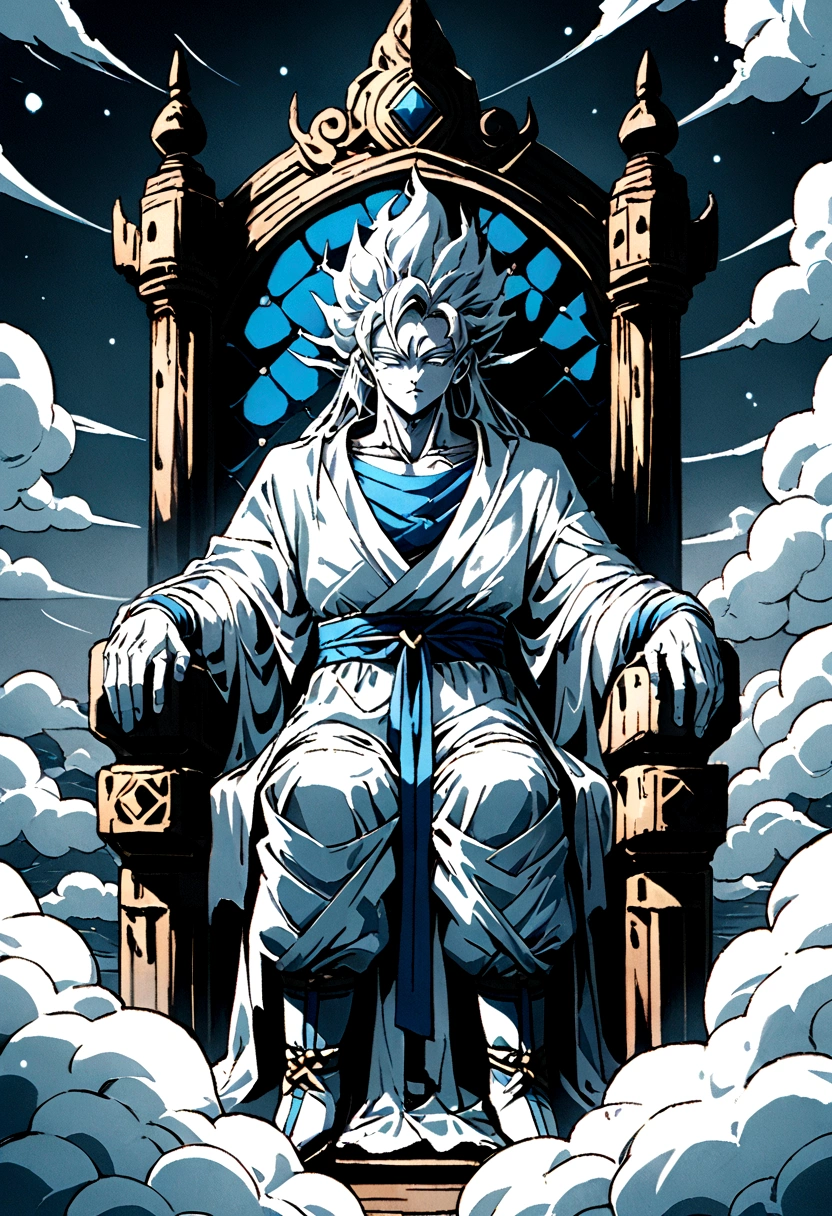 A god sat upon a throne of clouds , viewed from the front 