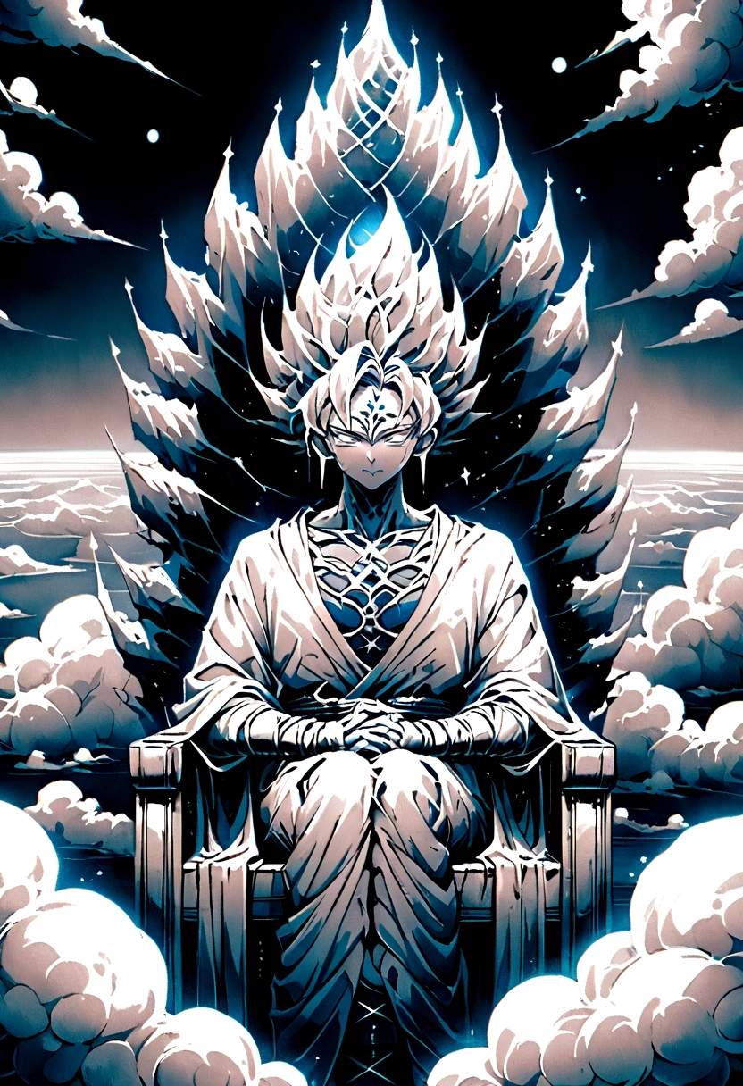 A god sat upon a throne of clouds , viewed from the front 