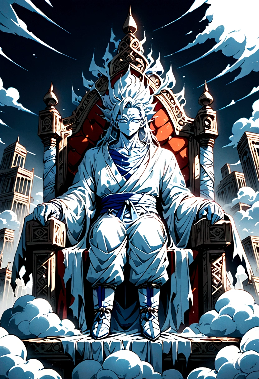 A god sat upon a throne of clouds , viewed from the front 