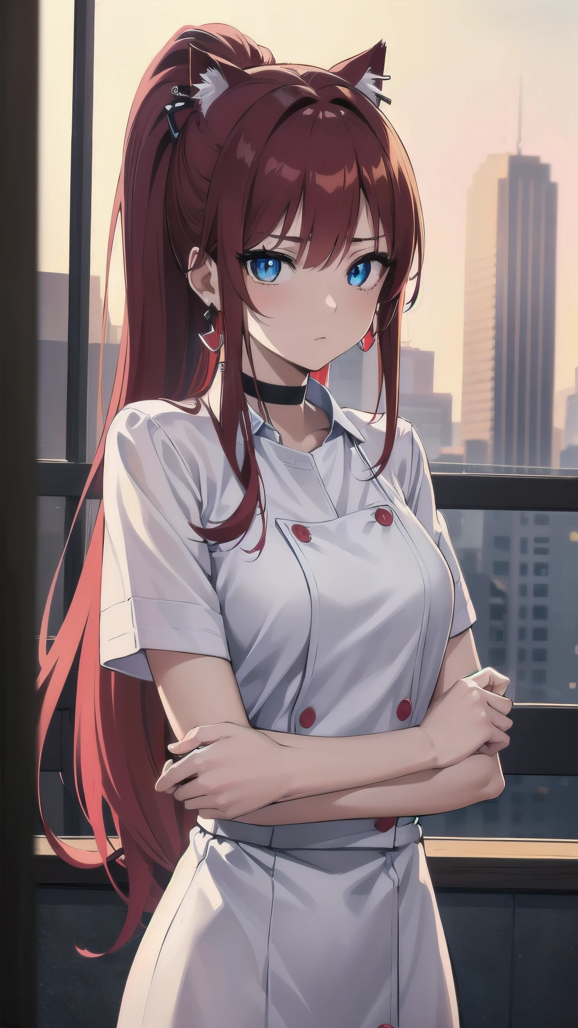 Masterpiece, top quality, best quality, official art, beautiful and aesthetic, anime, 1girl,extremely detailed, colorful, more detailed ((ultra-detailed)), (highly detailed CG illustration),Best Quality, High resolution, Unity 8k Wallpaper, (Illustration:0.8), (Beautiful detailed eyes:1.6), extra detailed face, Perfect Lighting, extremely details CG, (Perfect hands, Perfect Anatomy),hospital,nurse,doctor,red long hair, cat ears,ponytail,blue eyes, barrette,black choker,earrings,skinny fit,medium ,white nurse uniform,white pantyhn center, looking in camera, upper body shot.