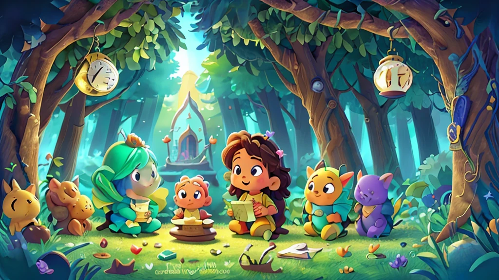 "Design a whimsical and captivating banner for a YouTube channel named 'Magic Minute Stories.' Include elements like a magical forest with talking animals, a castle in the clouds, children reading books under a starry sky, and a large hourglass pouring glittering stars. Use vibrant colors and a fairy tale aesthetic to evoke a sense of wonder and imagination. Incorporate the channel name 'Magic Minute Stories' prominently in playful, child-friendly typography."