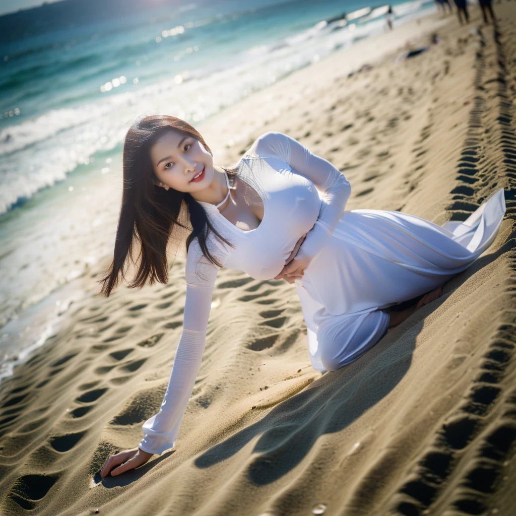 big breasts, round breasts, wearing bra inside ao dai, slim figure, beautiful figure, big breasts, ponytail, sharp 8k quality photo, ((beautiful, sharp, balanced face details) for )), ((beautiful breasts, exposed cleavage, plump body), ((beautiful sparkling eyes, sharp eye details, beautiful face)), at the beach there are many bikinis, white sand beach, sea water blue, many people at the beach((super beautiful body with high details, toned body with big breasts and slim waist)), ((thin cleavage, round breasts))