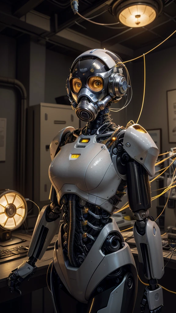 (masterpiece:1.2,high quality), One girl, ((Ultra-Realistic Details)), Global Illumination, Shadow, Real Engine, Octane Rendering, 8K, Ultra Sharp, Metal, Complex, Decorations detailed, highly (((Complexdetails))),(((Lots of instruments))) Yellow Eyes, (Mechanical body:1.2), Gray Hair, (Black gas mask), Equipment, Bobcut, (((Hundreds of wires))), Terran, (robot, Android:1.15), Apocalypse, Broken Building、Perfect Style、Perfect balance、Fine skin、A gentle gaze、((Delicate painting)),(Detailed RAW photos of girls), (Masterpiece:1.25), (最high quality:1.6), (Ultra-high resolution:1.5), (It's realistic.:1.75), 8K resolution, Canon EOS R5, 50mm, Absurd, Very detailed,Cinema Lighting、