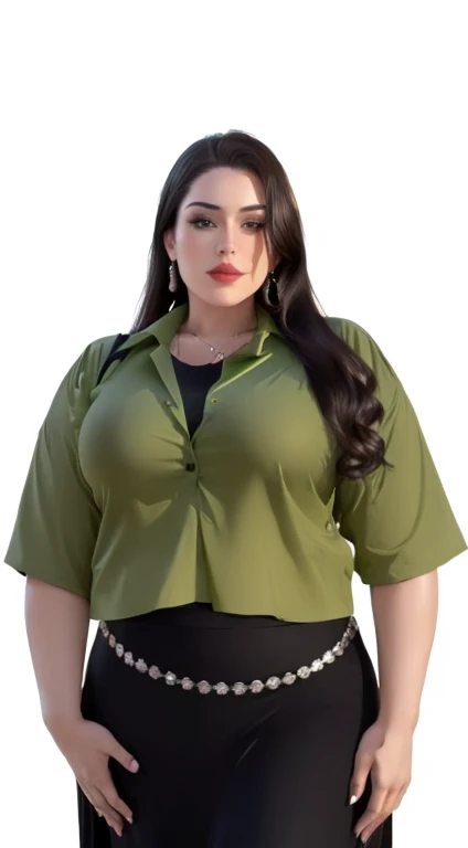a woman in a green shirt and black skirt posing for a picture, lorena avarez, cropped shirt with jacket, green shirt, plus size, plus size woman, Elizabeth Saltzman, alanis guillen, carla ortiz, Marisha Becker, solid track record, Big size, background removed, wearing a designer top, fernanda suarez