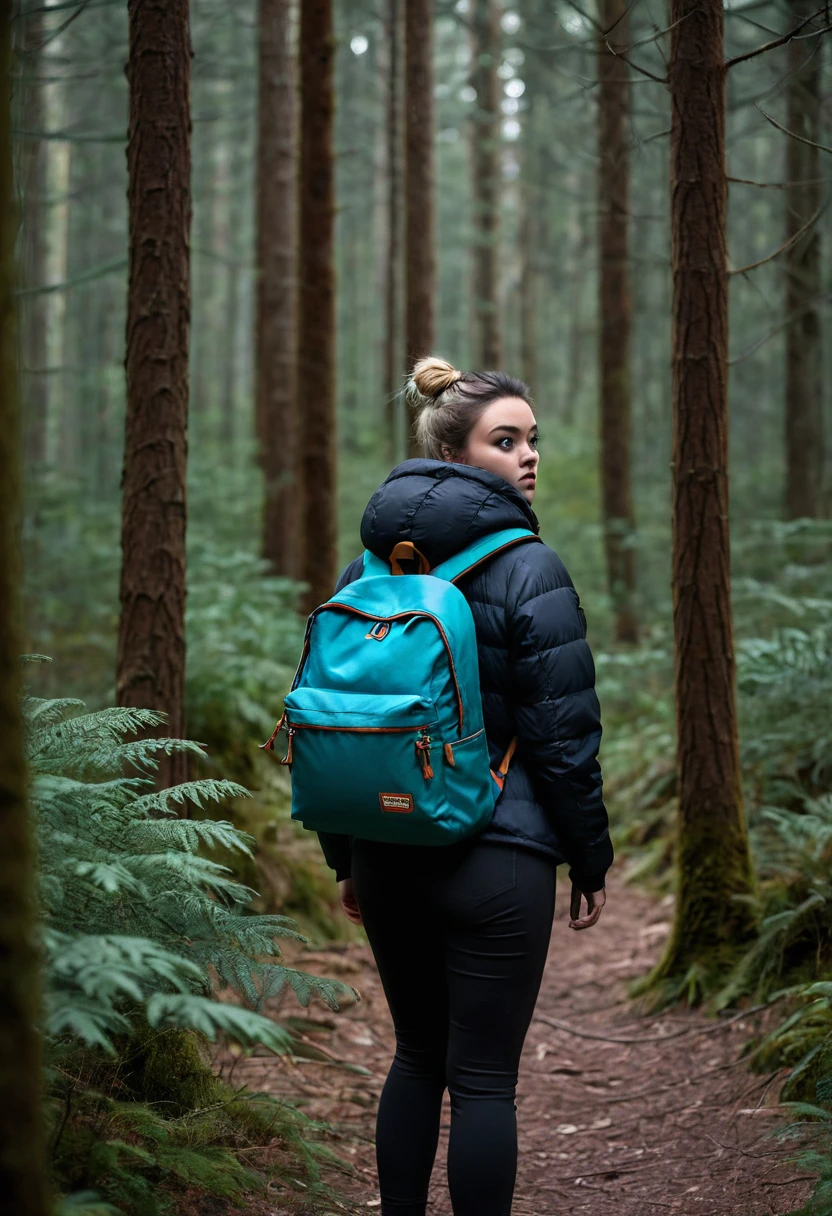 backpack camper, tight pants. looking scared, observed from the side with her big fat . in a dark forest with a stalker in the background taking a photo