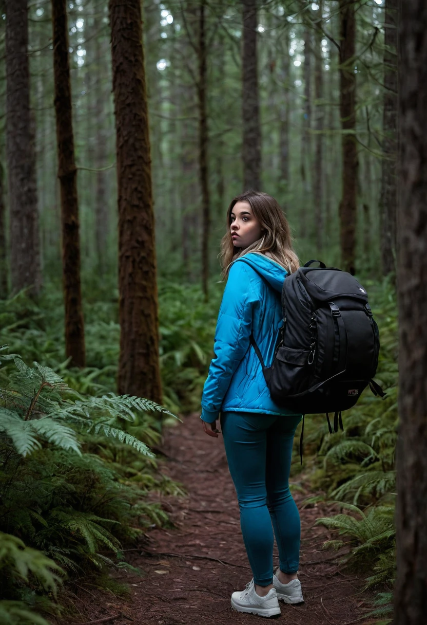 backpack camper, tight pants. looking scared, observed from the side with her big fat ass. in a dark forest with a stalker in the background taking a photo