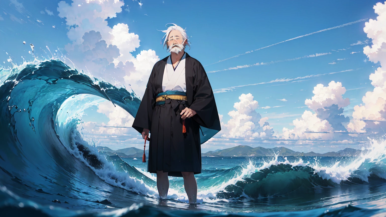 blue ocean, (Japanese old vagabond, white beard, white hair, old Japanese cloth:1.4), closed eyes, standing on sea, full body, panorama view, magnificent view, absurdres, 8k, white detailed clouds, wave
