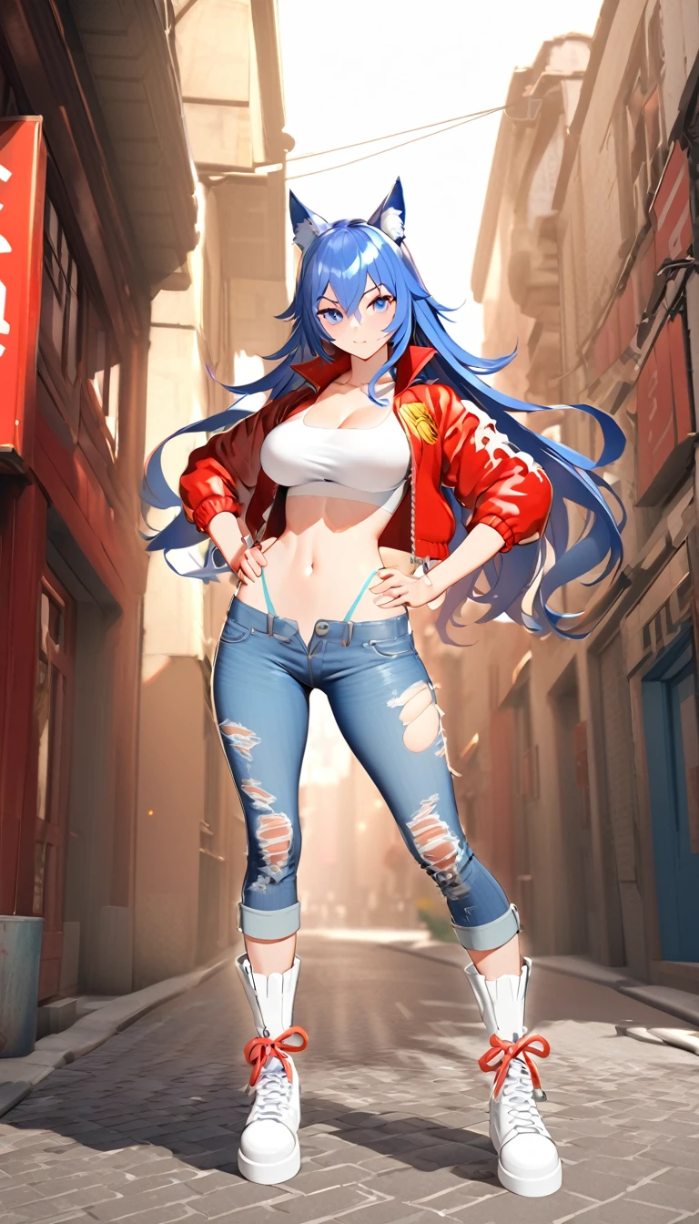 a 3D model of a cartoonish girl in a street fighter outfit, 1girl, solo, animal ears, pants, breasts, mask, blue eyes, jacket, navel, torn clothes, long hair, torn pants, denim, jeans, large breasts, white footwear, full body, highleg panties, wolf ears, underwear