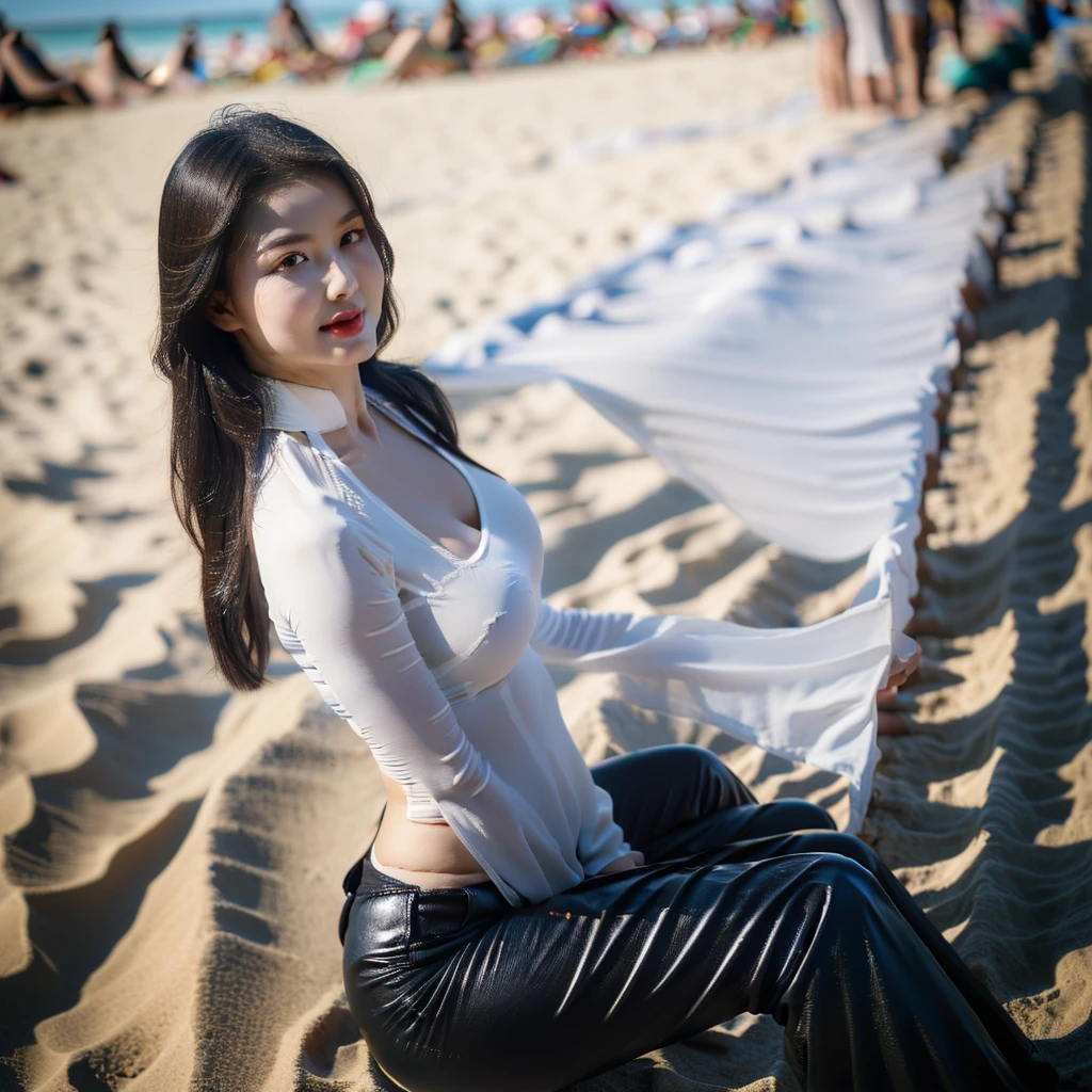 big breasts, round breasts, wearing bra inside ao dai, slim figure, beautiful figure, big breasts, ponytail, sharp 8k quality photo, ((beautiful, sharp, balanced face details) for )), ((beautiful breasts, exposed cleavage, plump body), ((beautiful sparkling eyes, sharp eye details, beautiful face)), at the beach there are many bikinis, white sand beach, sea water blue, many people at the beach((super beautiful body with high details, toned body with big bust and slim waist)), ((thin cleavage, round breasts)), (((wearing black bra, wearing long pants wide)))