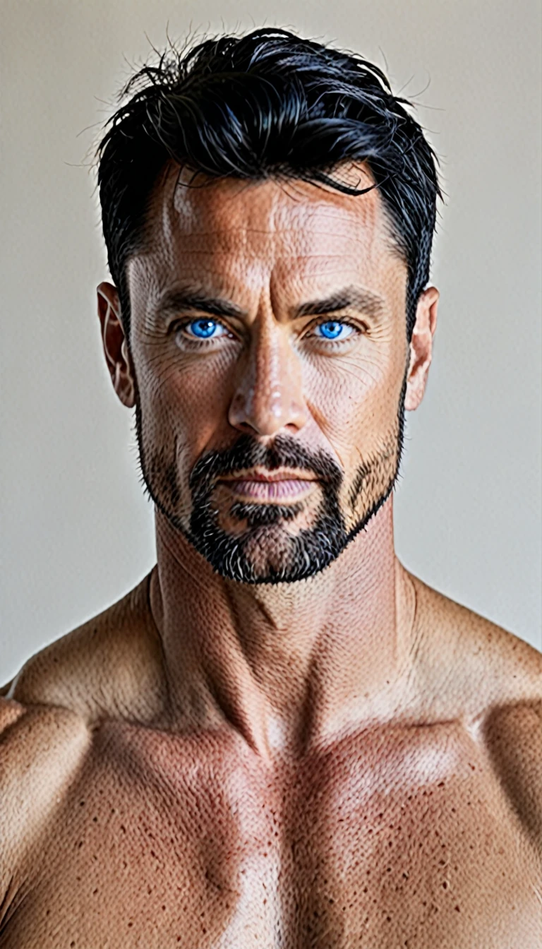 40 year old man King Dark blue eyes short black hair strong white and warrior