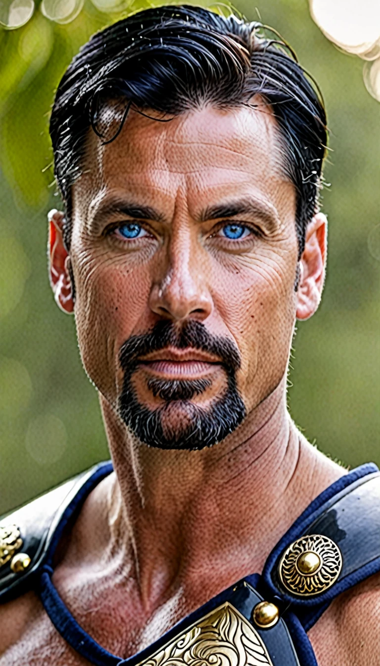 40 year old man King Dark blue eyes short black hair strong white and warrior 
