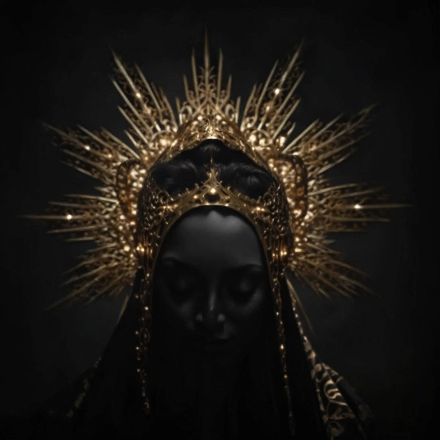 a woman wearing a black fabric mask, golden halo above her head, detailed and realistic, dramatic lighting, cinematic, highly detailed, intricate, elegant, chiaroscuro, dramatic, moody, dark, mystical, fantasy, digital art