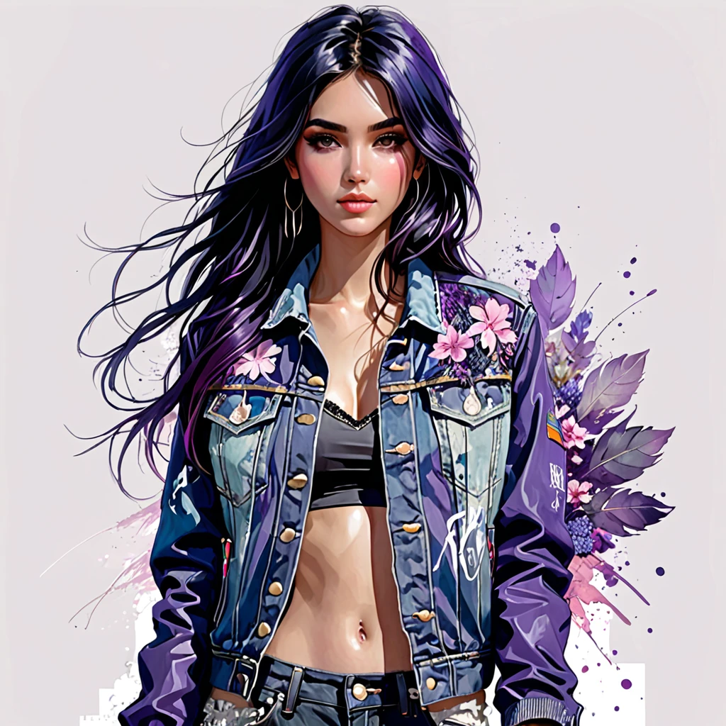 (masterpiece, 16k, ultra high res), 1 girl, french girl (full body view, showing entire head and feet, proportional body), 20 years old, long hair, purple mix black hair, wearing a denim jacket (detailed jacket), detailed face with proportional eyes and blush, full body sketch style, art by Carne Griffiths and Wadim Kashin, concept art, cinematic, epic, trending on artstation, full body from head to toe in frame