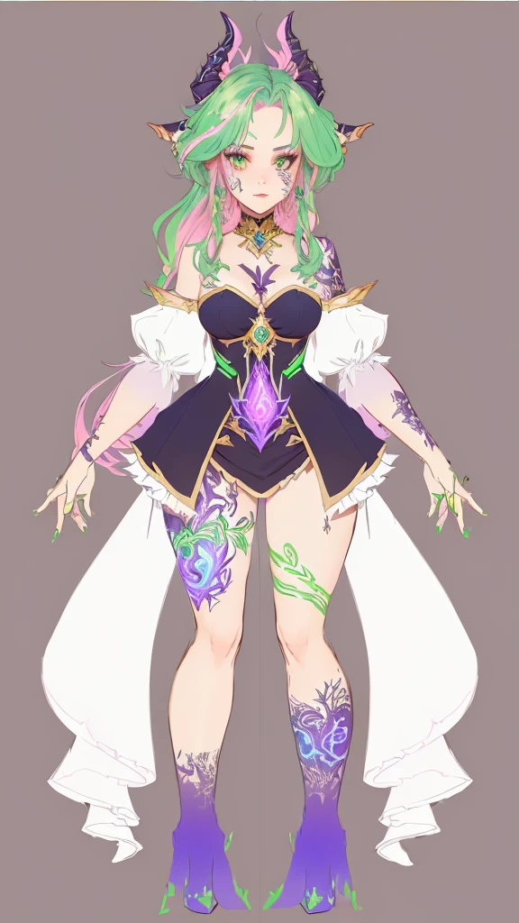 a cartoon of a woman with green hair and horns, adoptable full body, adoptable character, detailed Full body concept, fantasy costume, Full body concept, full portrait of elementalist, full body commission for, full length portrait of a short!, human :: sorceress, clothing design, Astral Witch Clothing, clear clothing design, detailed full body
