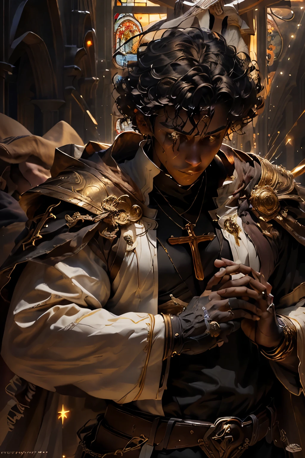 a black dark skin, male, with brown burst fade curly hair, brown big eyes, big lips, though looking, light domain cleric priest,with a golden Christian cross necklace, in a church, 