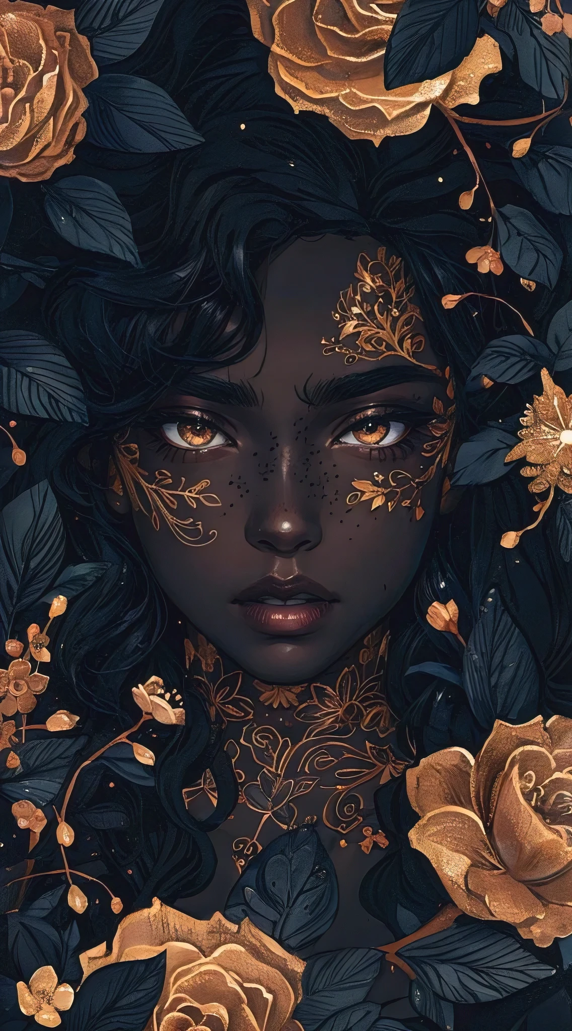 A black woman with dark skin and golden brown eyes, adorned in intricate floral designs that intertwine seamlessly within her contours, creating an elegant composition on the canvas of darkness. The artwork is rendered using a palette dominated by shades of copper and rose gold, adding depth to its visual appeal. This illustration showcases a blend of traditional ink painting techniques with modern digital artistry, resulting in a captivating masterpiece, focusing on her face in the style of traditional ink painting.