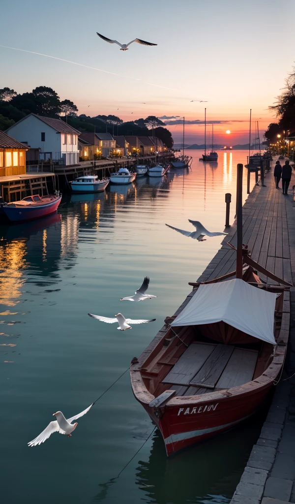 A serene coastal town at dusk, with bright fishing boats moored at a wooden dock, seagulls soaring above, and locals in traditional dress gathered by the beach