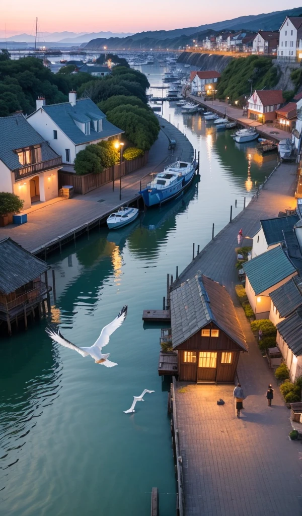 A serene coastal town at dusk, with bright fishing boats moored at a wooden dock, seagulls soaring above, and locals in traditional dress gathered by the beach