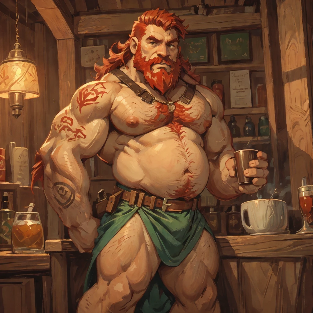man, Viking, Beautiful face, short stature, Age 60 years, strong, thick, big breasts, big belly, Red hair, big red beard, thick body hair, густые Red hair на груди, густые Red hair на животе, густые Red hair на лобке, густые Red hair на яйцах, thick hair on arms, thick hair on legs, tattoos on body, Tattoos on the torso, drunk face, naked torso, in a short skirt made of skin made of green fabric, the skirt is held up by a leather belt with a gold buckle, the skirt is tight around the dick, in the pub, night, warm lamp light, holding a wooden mug in his hand, Very drunk, looks straight